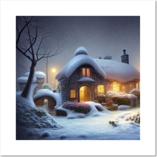 Magical Fantasy House with Lights in a Snowy Scene, Fantasy Cottagecore artwork Posters and Art